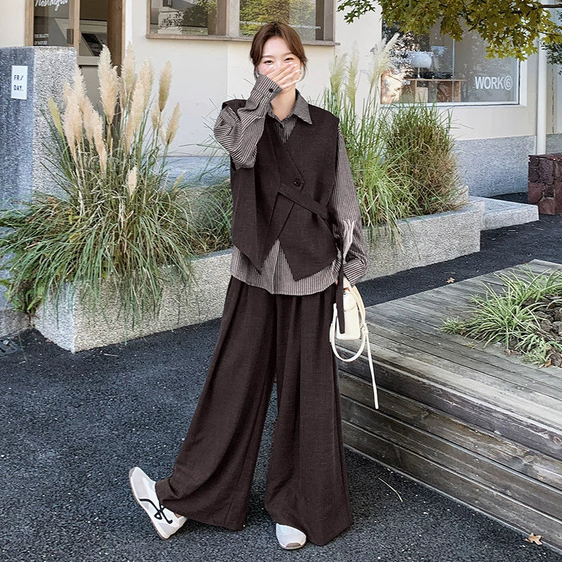 ブラウス×ベスト×ワイドパンツセット(2colors)