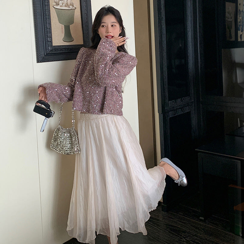 ラメ入りツイード風ショート丈トップス