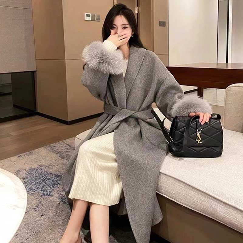 ファーカフスガウンコート(3colors)（灰・ベージュ・黒）秋/冬