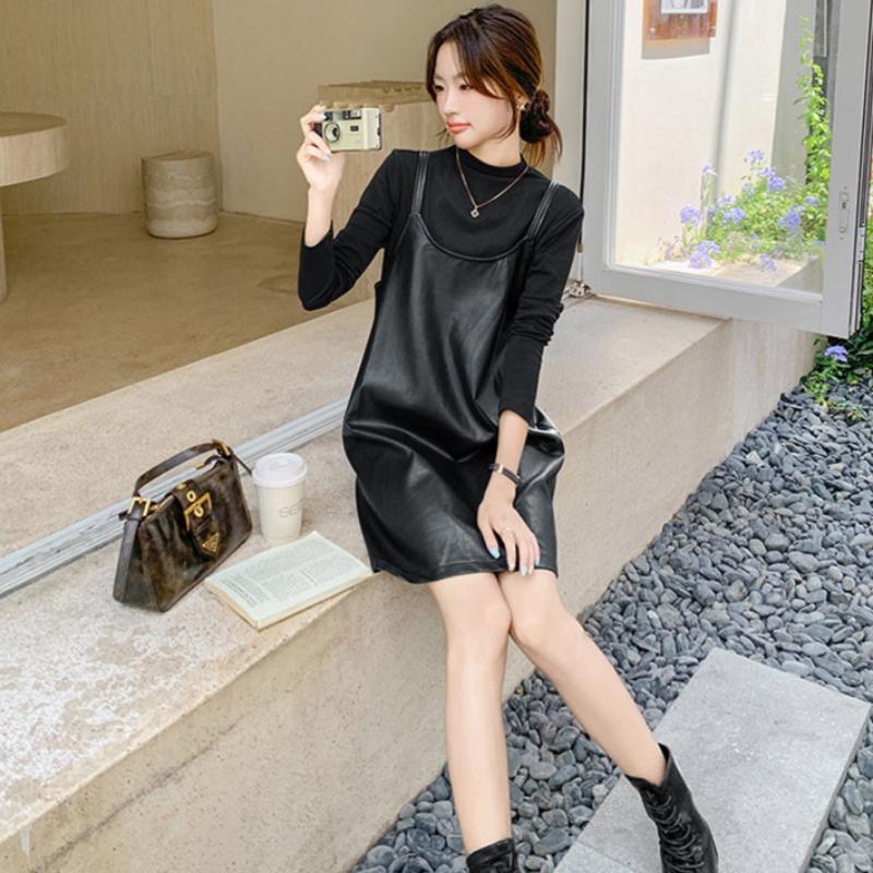 タートルトップス×PUレザーワンピースセット(2colors)