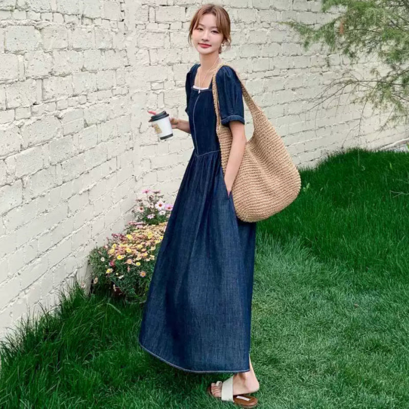 スクエアネックマキシ丈デニムワンピース