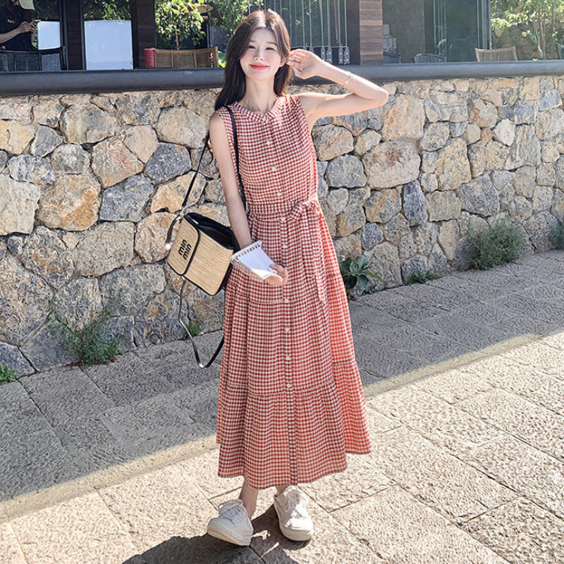 ノースリーブチェックワンピース （赤） 夏 大人可愛いティアード