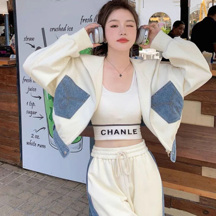 デニムパッチワークスウェットトップス×パンツ(2colors)