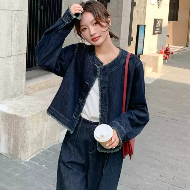 【即納】タッセルデニムジャケット×ワイドパンツセットアップ