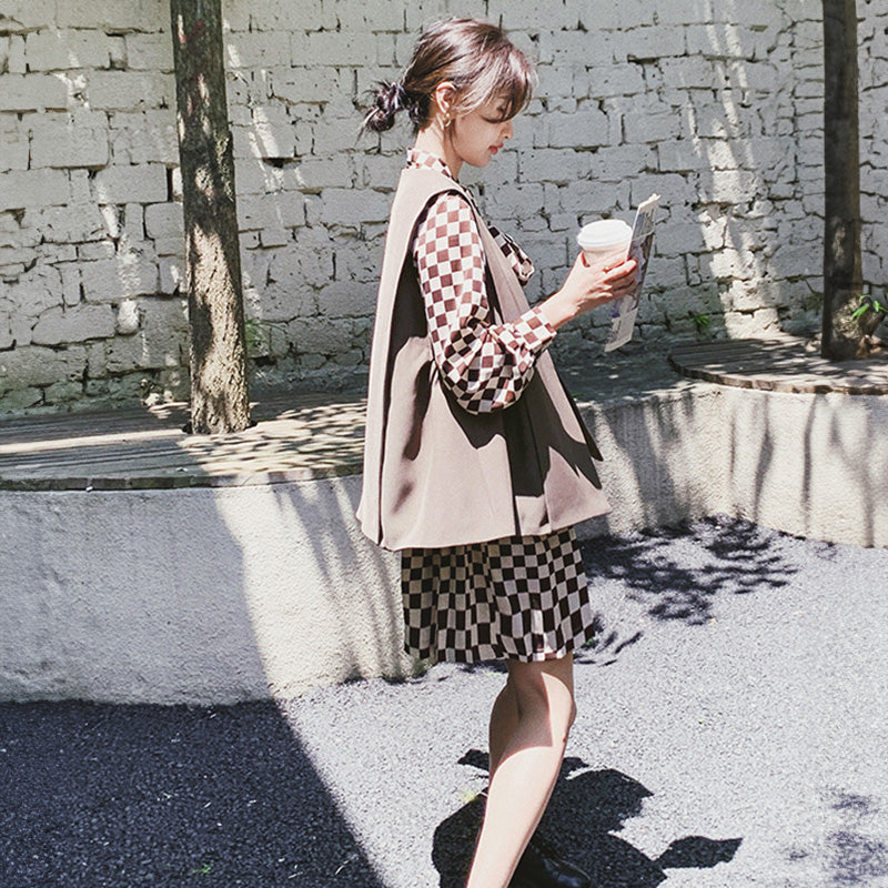 チェック柄ワンピース×ベストセット