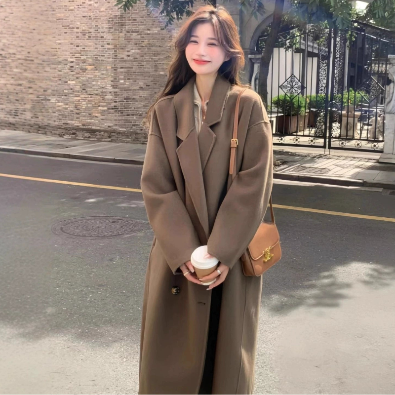 クロエ ロングコート ウール レザーリボン ブラウン 36 S〜M マオカラー セール】ショールカラーウールロングコート／ケープ 襟付き ウール