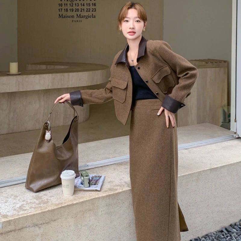 モカブラウンウールジャケット×スカートセットアップ