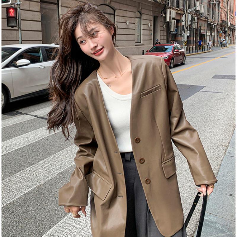 ノーカラーVラインPUレザージャケット