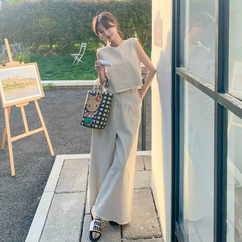 ノースリーブトップス×ワイドレッグパンツスーツ(2colors)