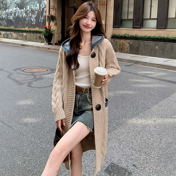 フード付きケーブルロングカーディガン