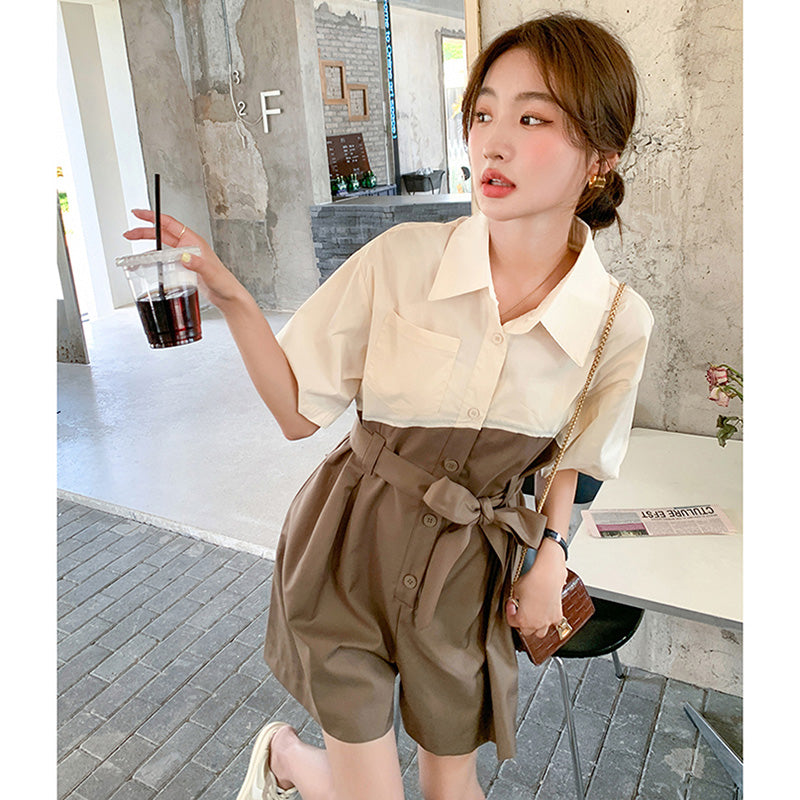 バイカラーウエストリボン ショートオールインワン