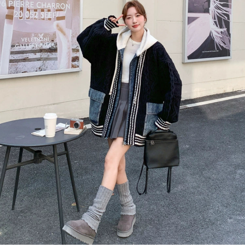 デニムパッチワークニットカーディガン