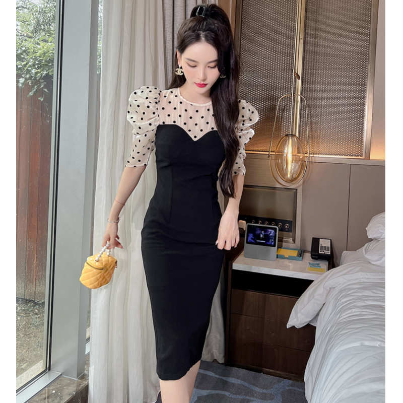 シャイニーポルカドットブラウスコンビビスチェワンピース