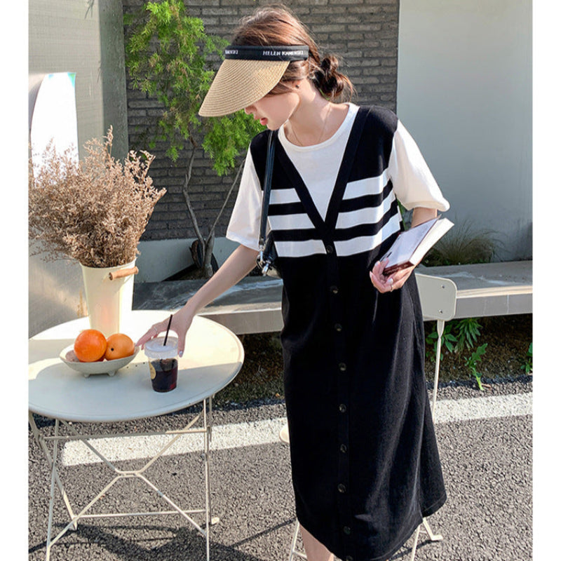 配色ボーダードッキングワンピース