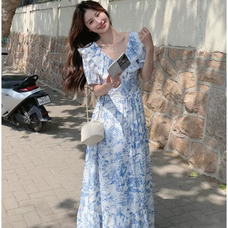 ラッフルカラーボタニカルプリントワンピ