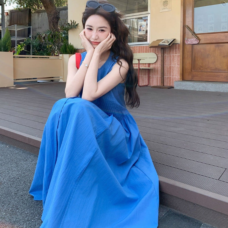 フロントピンタックブルーワンピース