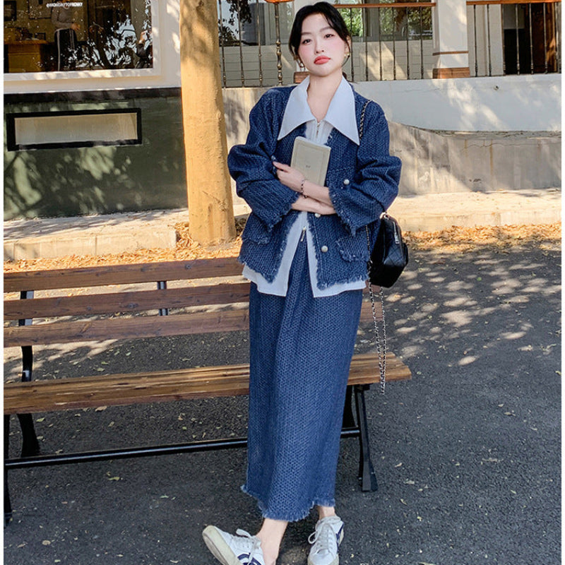 デニムジャケットスカートスーツ×ブラウス3点セット