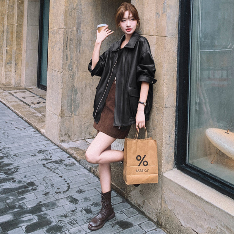 オーバーサイズフェイクレザージャケット(2colors)