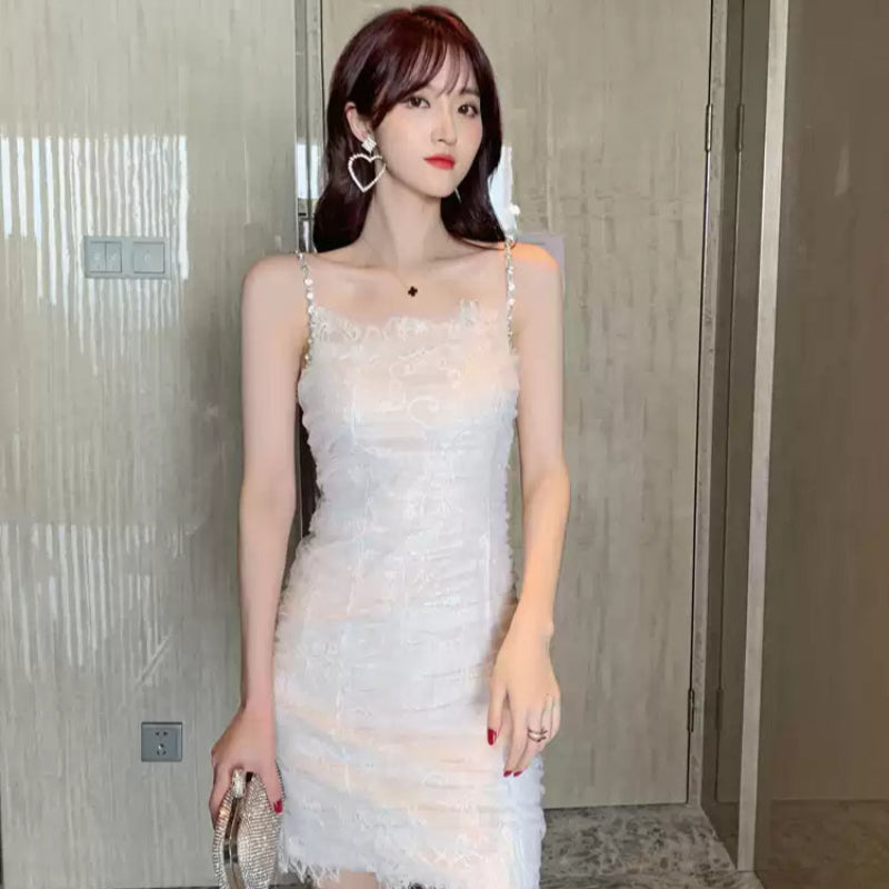 ラインストーンストラップチュールミニドレス(2colors)