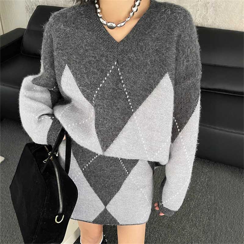 アーガイル柄ニットセットアップ(2colors)