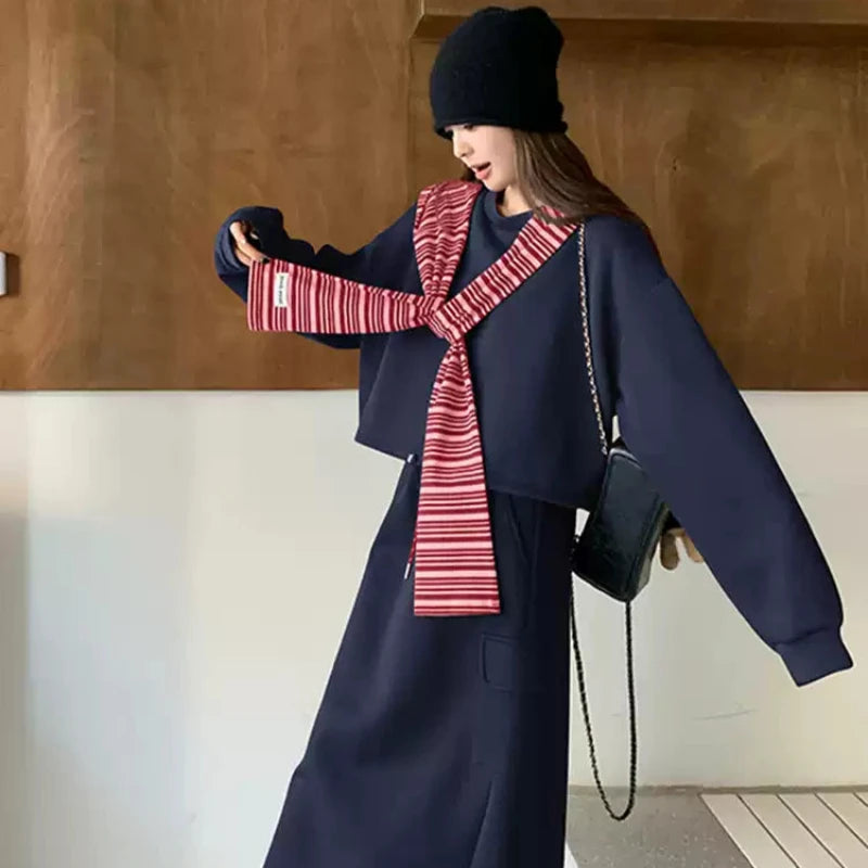 マフラーキャップ×ロゴトレーナー×スカート3点セット(2colors)