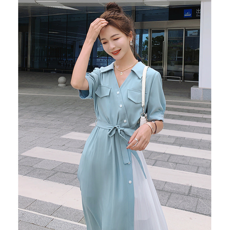 【即納】レイヤード風シャツワンピース(4colors)