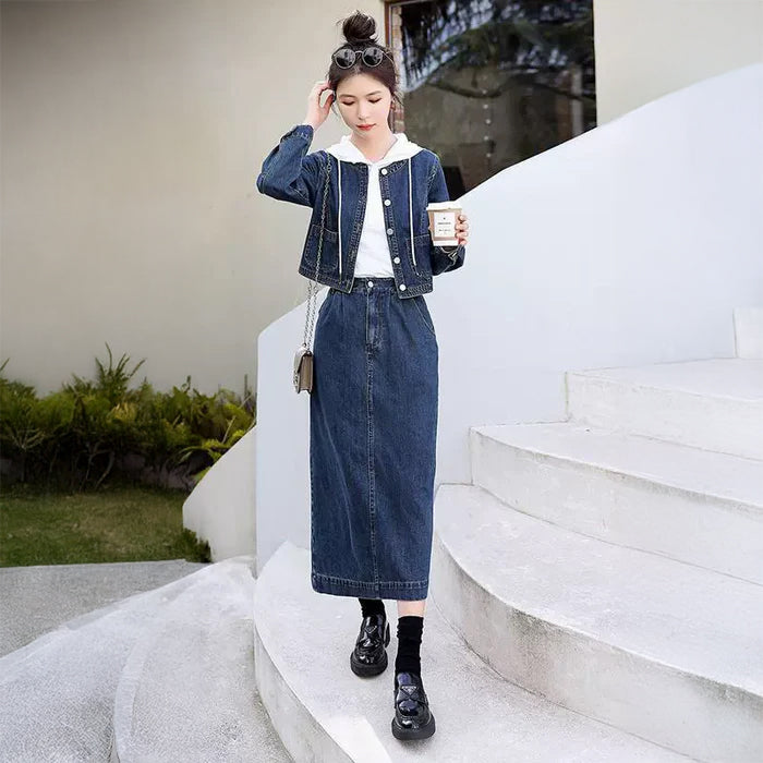デニムノーカラージャケット×スカートセットアップ