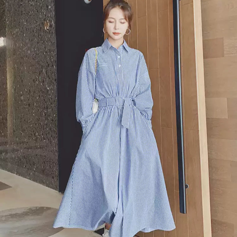 【即納】ブルーストライプシャツワンピース