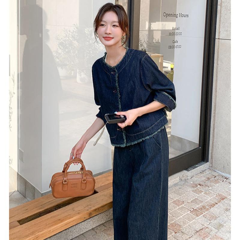 【即納】タッセルデニムジャケット×ワイドパンツセットアップ