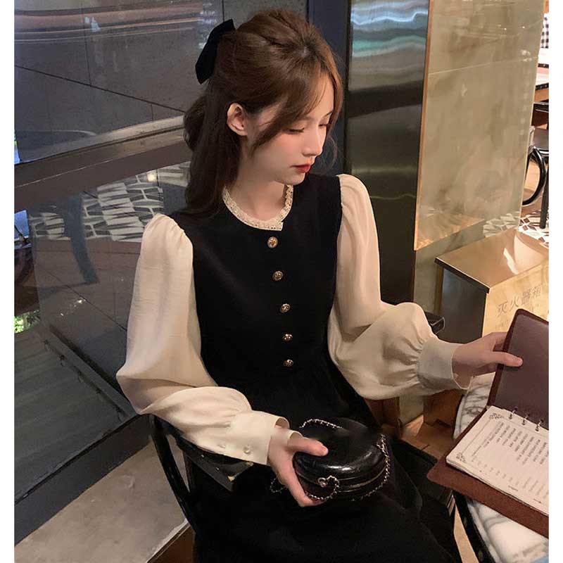 パフスリーブ切替ロングワンピース