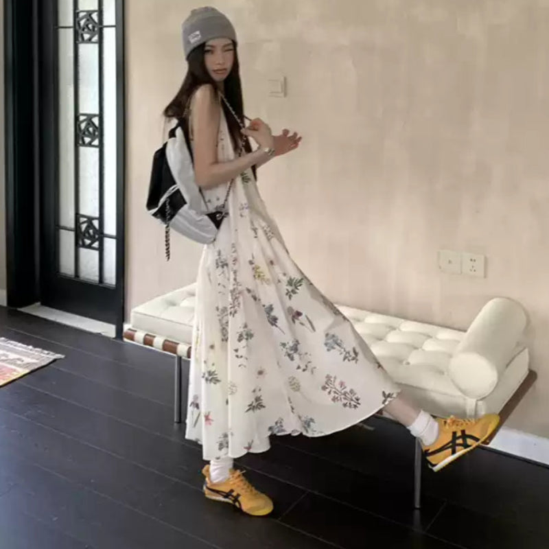 フラワープリントノースリーブワンピース