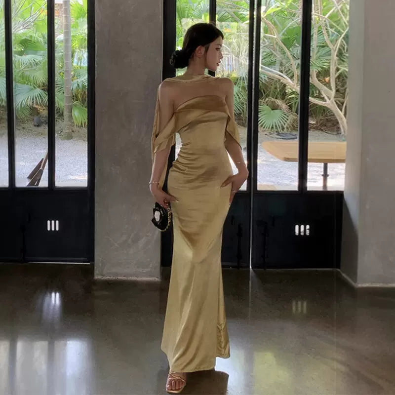 リボンショルダーロングドレス