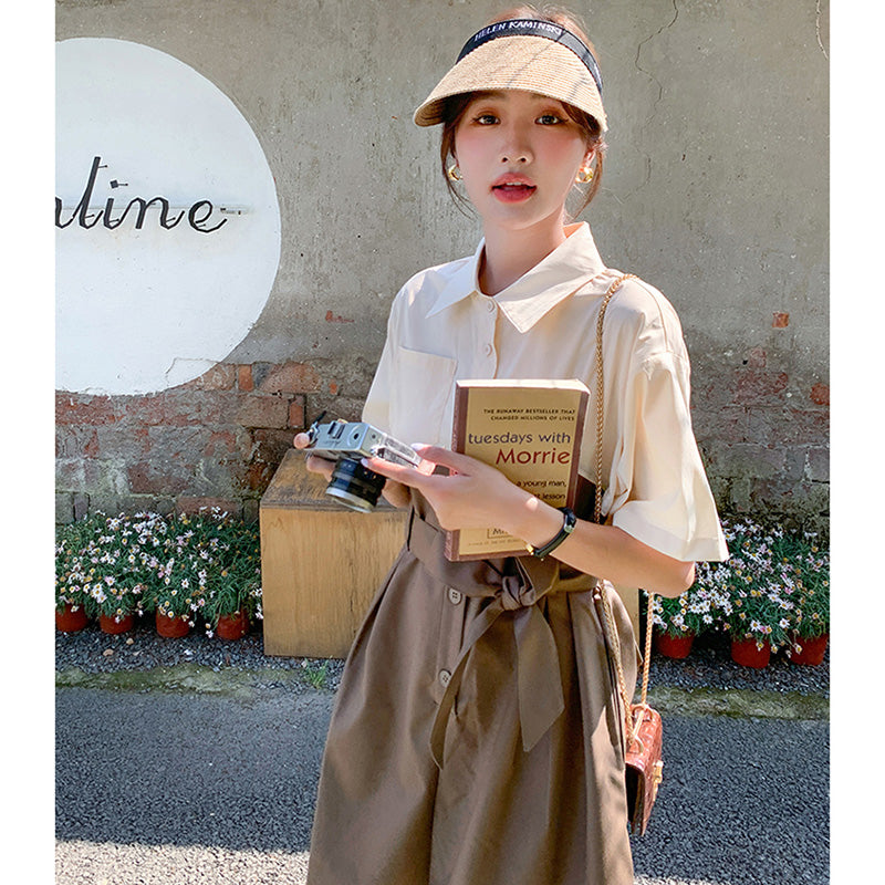 バイカラーウエストリボン ショートオールインワン