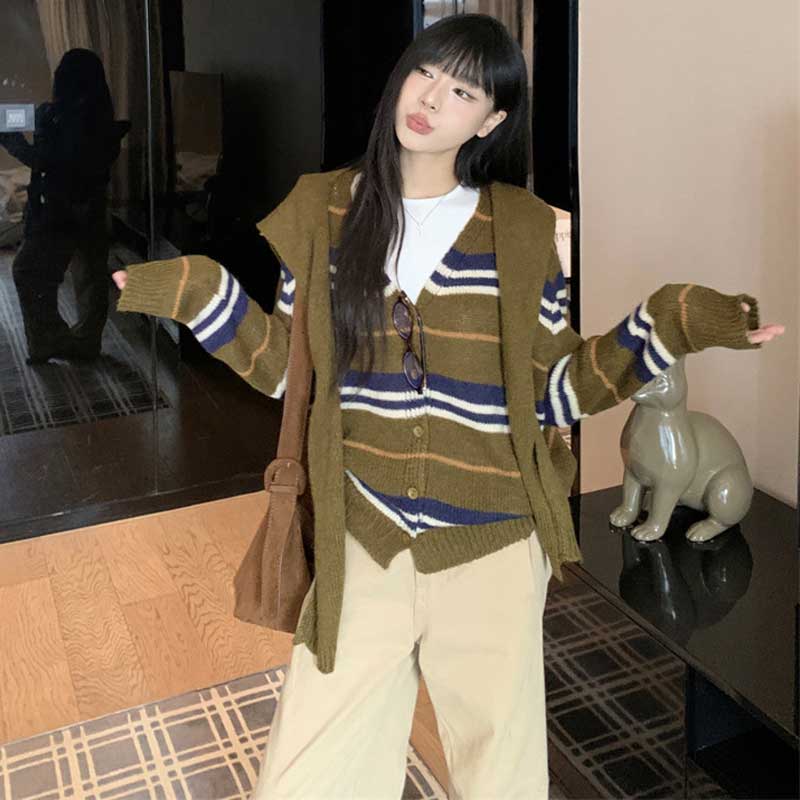 ショール付きボーダーカーディガン