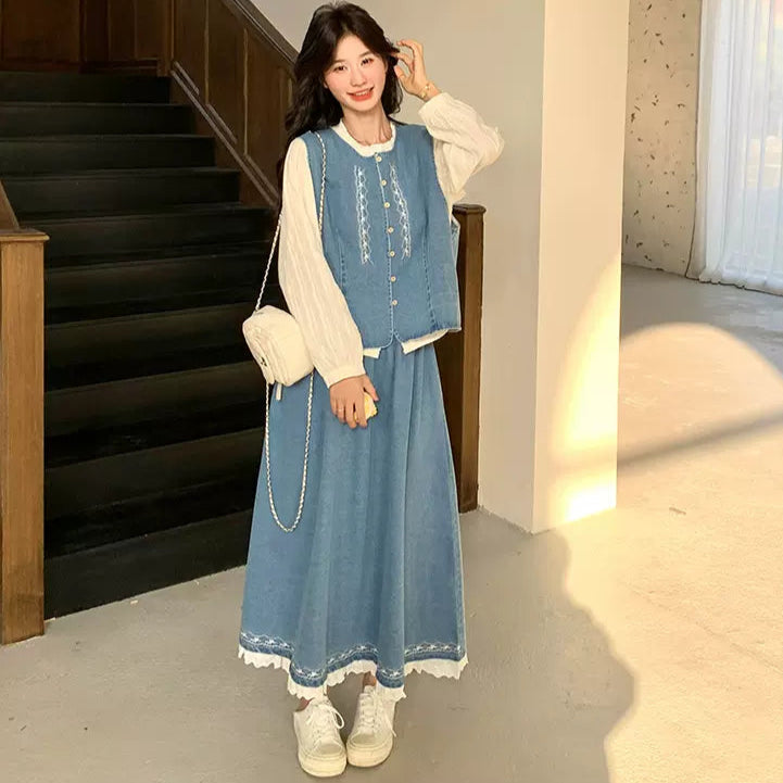 ホワイトブラウス×デニムベスト×スカートスリーピースセット