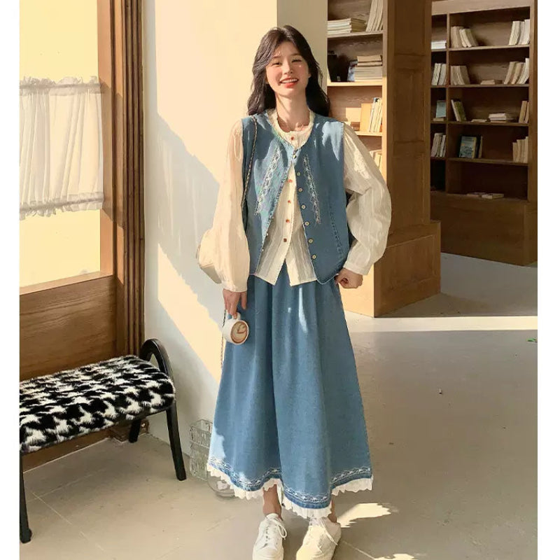 ホワイトブラウス×デニムベスト×スカートスリーピースセット