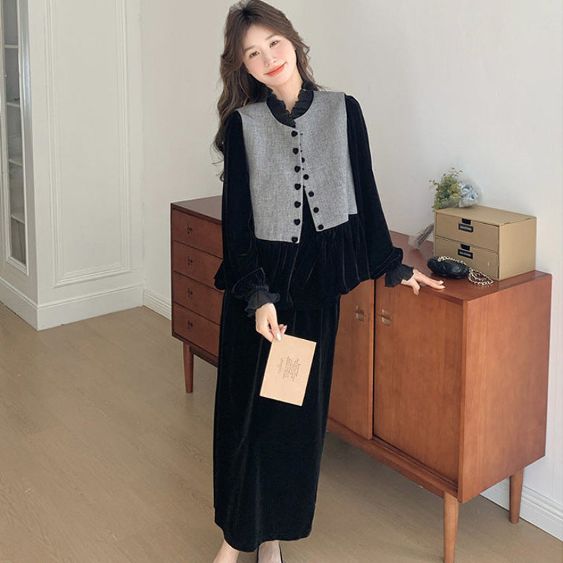 エレガンスベルベットベスト×トップス×スカート3点セット