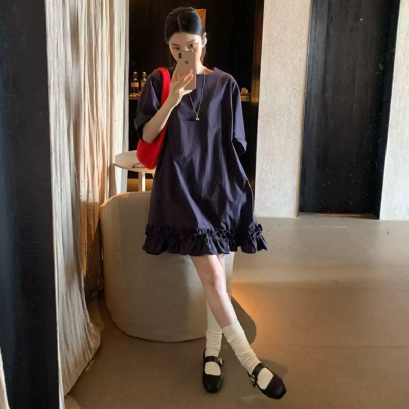 ネイビー5分袖ショート丈フリルワンピース