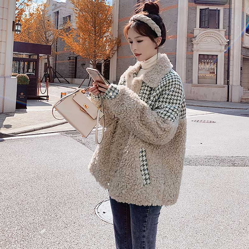 千鳥格子切り替えボアコート