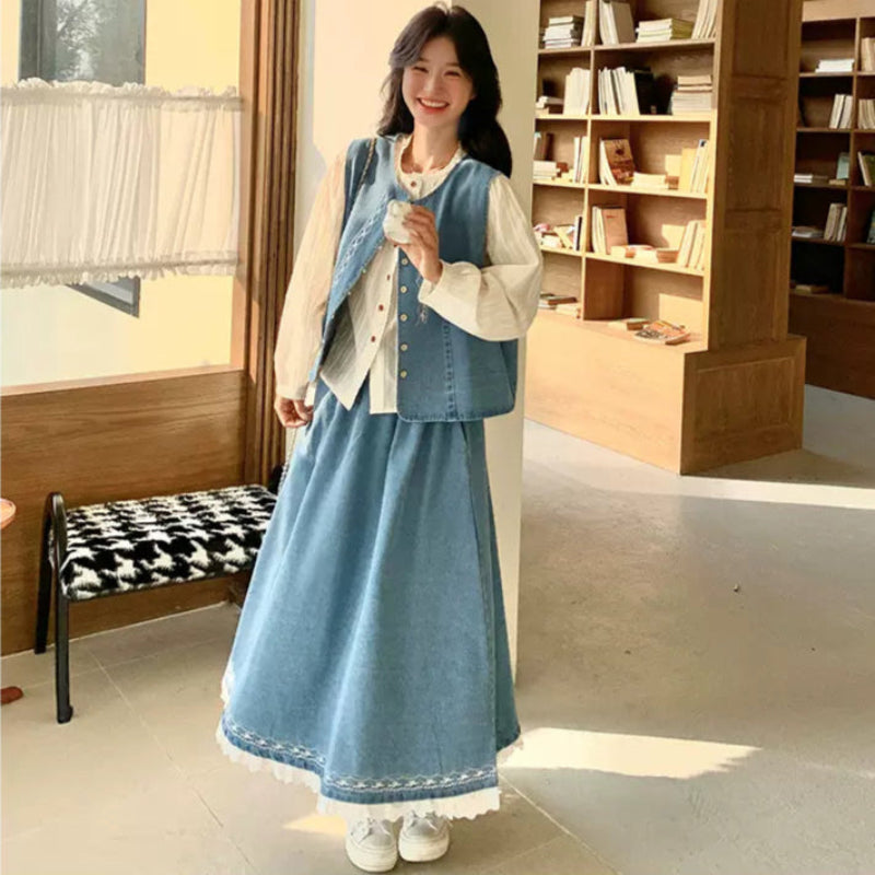 ホワイトブラウス×デニムベスト×スカートスリーピースセット