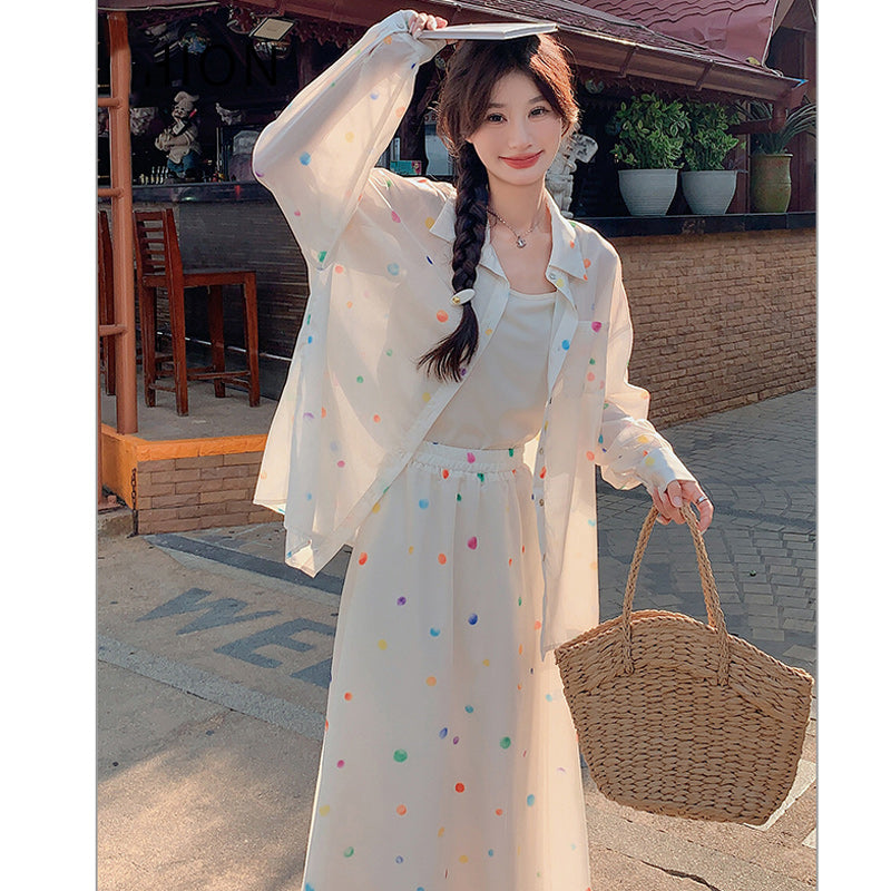 トップス×カラフル水玉プリントスカートセットアップ
