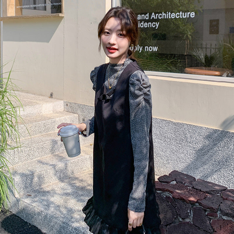 パフスリーブ×裾フリルミニワンピース