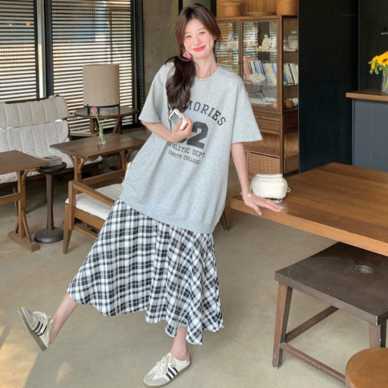 Tシャツ×チェックスカートドッキングワンピース