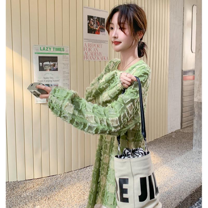 グリーンエンボスチェックワンピース