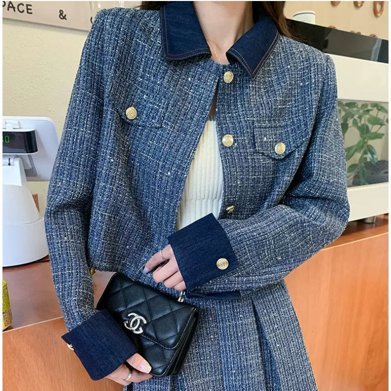 レトロブルージャケット×プリーツミニスカートセット