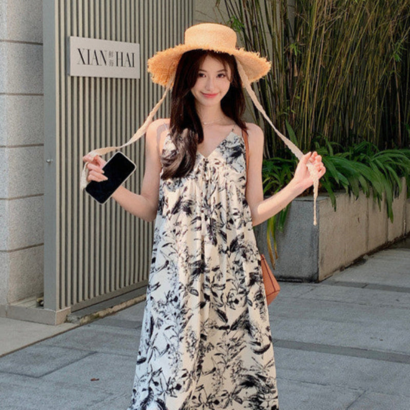 ダブルストラップボタニカルプリントワンピ