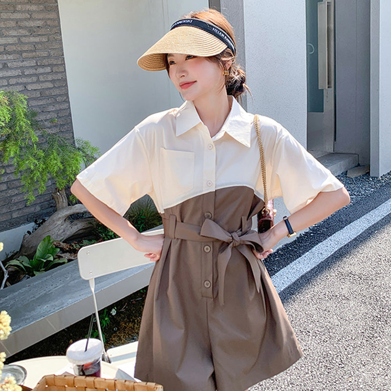 バイカラーウエストリボン ショートオールインワン