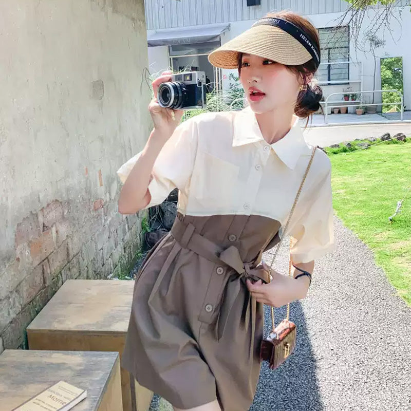 バイカラーウエストリボン ショートオールインワン