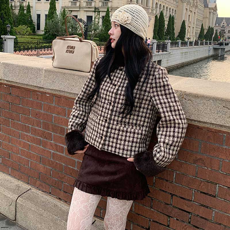 ファーカフスチェックショートコート