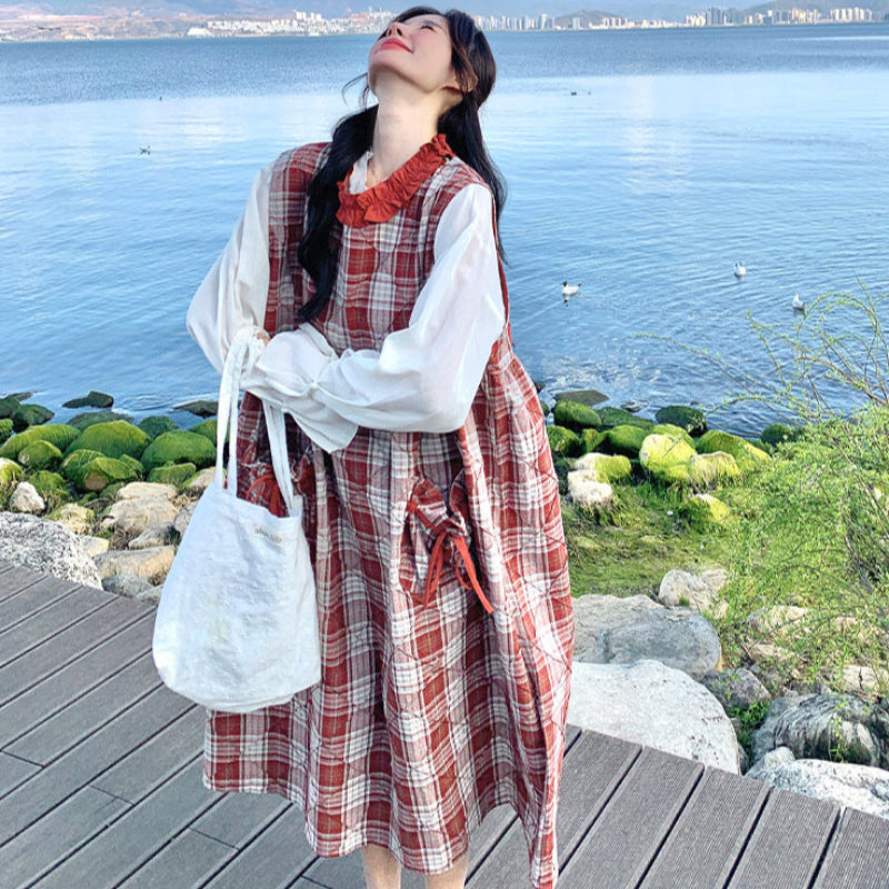 フリルカラーレトロチェックワンピース